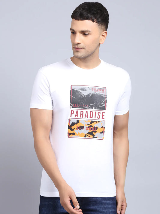 Men White Printed Slim Fit T-shirt