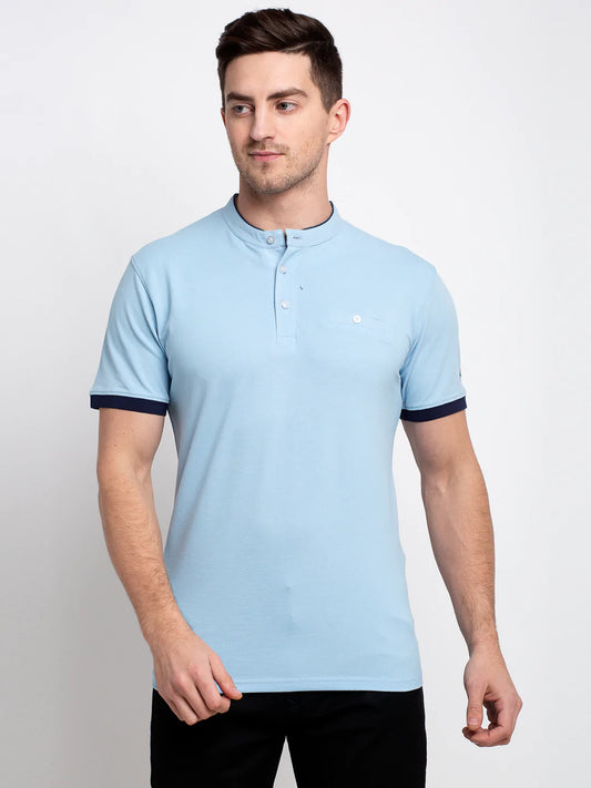 Men Blue Solid Henley Neck T-shirt