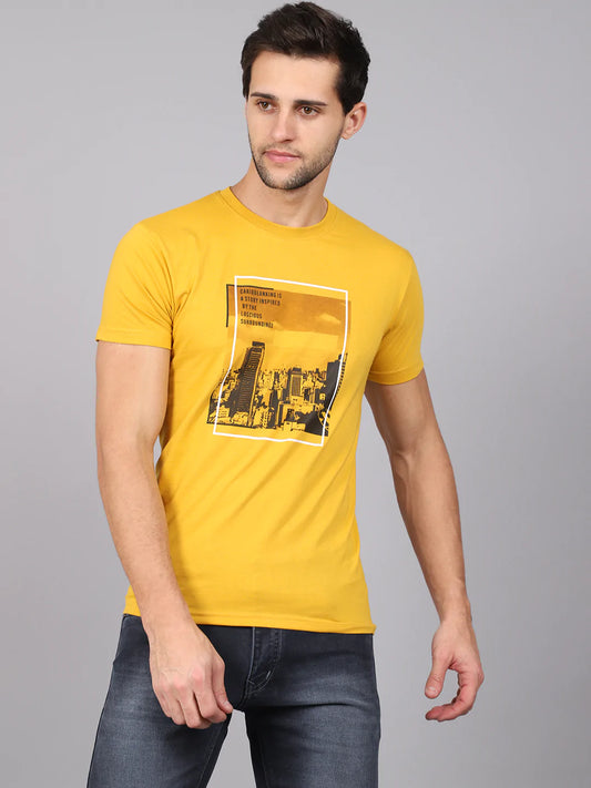 Men Yellow Printed Slim Fit Round Neck  T-shirt