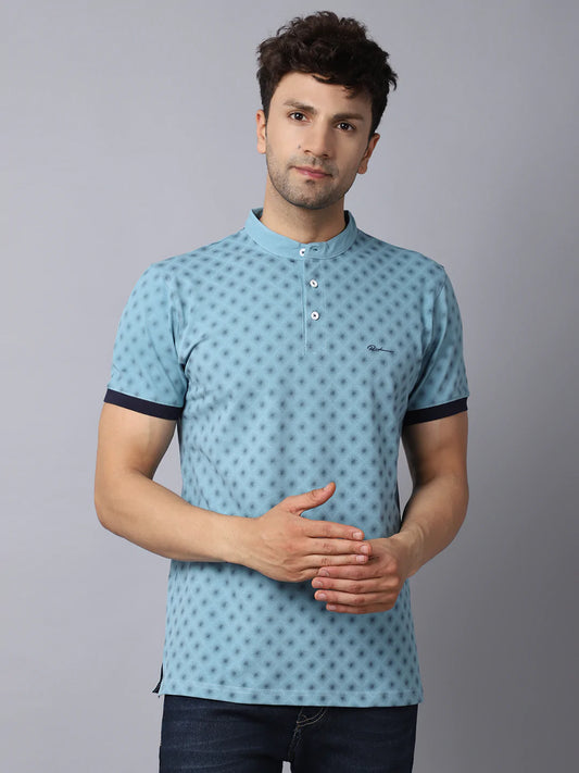 Men Blue Printed Mandarin Collar Slim Fit T-shirt