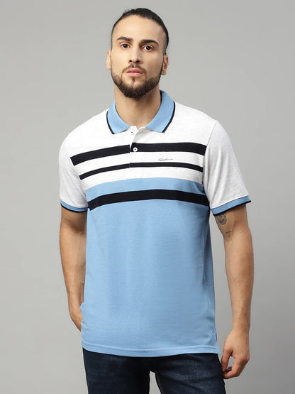 Men Multicoloured Striped Polo Collar T-shirt