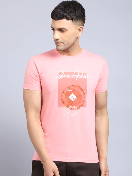 Men Pink Printed Slim Fit Cotton T-shirt