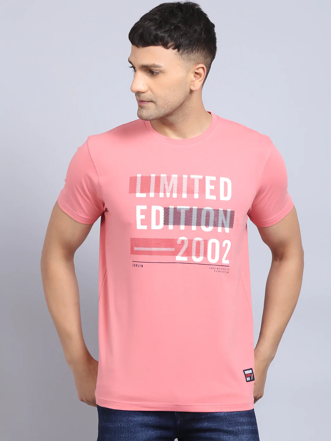 Men Pink  White Printed Slim Fit Cotton T-shirt