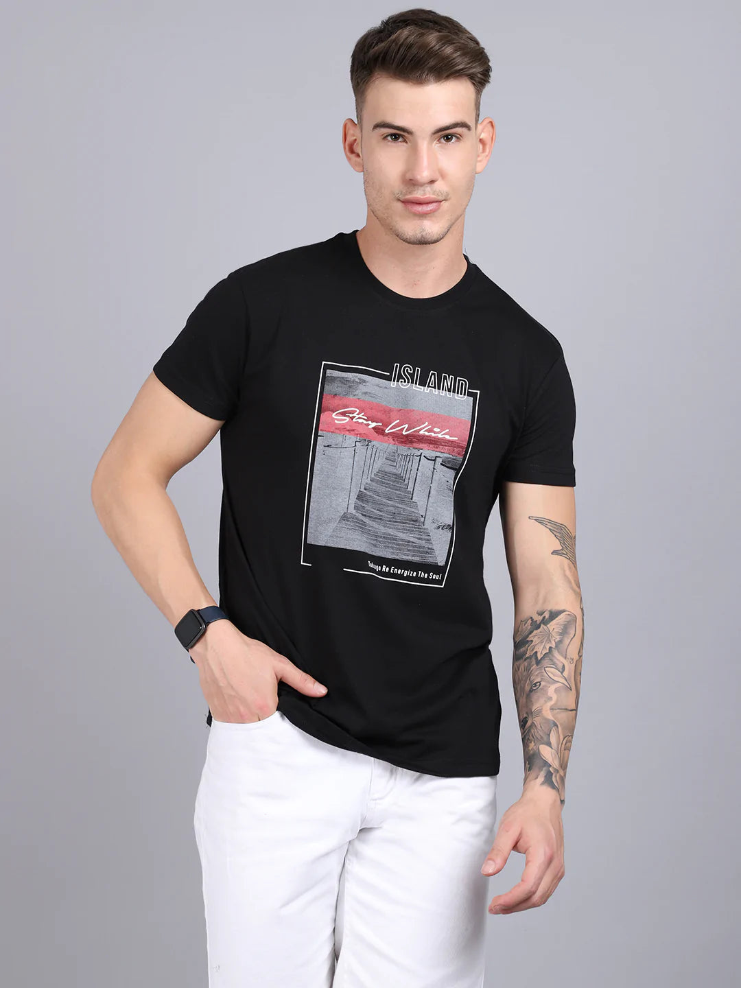 Men Black Printed Cotton Slim Fit T-shirt
