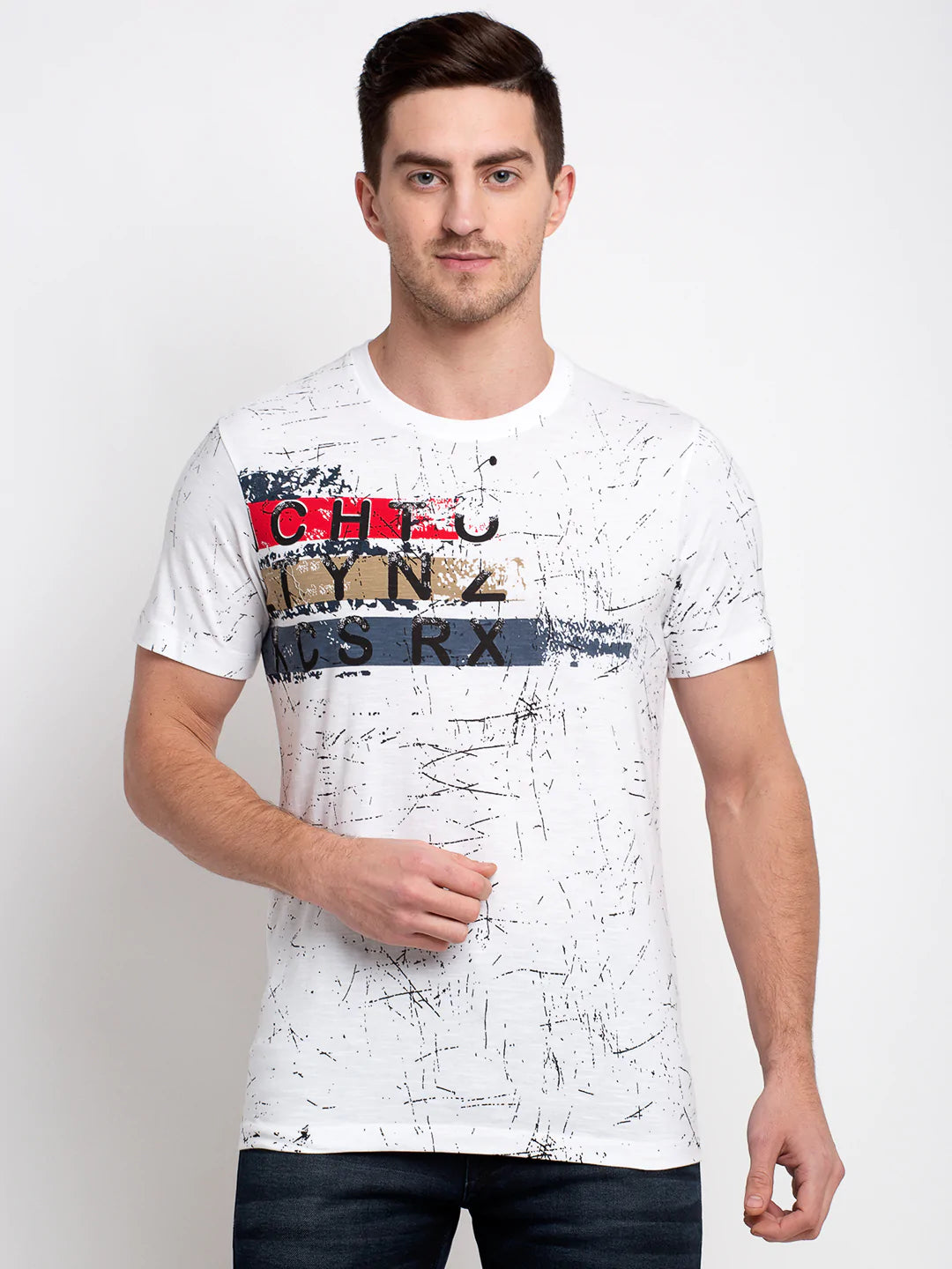 Men White Printed Round Neck T-shirt