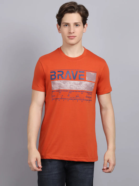 Men Peach-Coloured Typography Printed Applique Slim Fit T-shirt