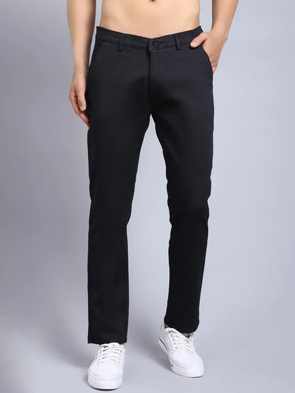 Men Black Textured Slim Fit Trousers