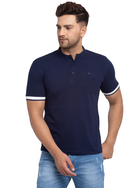 Men Navy Blue Solid Henley Neck T-shirt