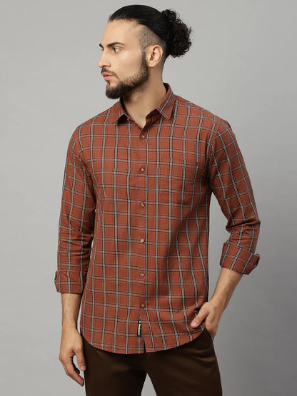 Men Brown Slim Fit Windowpane Checks Checked Casual Shirt