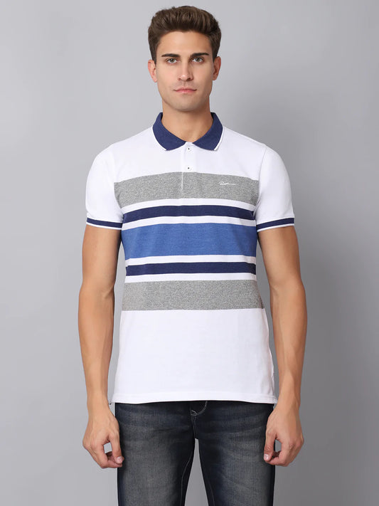 Men Multicoloured  magnolia Striped Polo Collar Slim Fit T-shirt