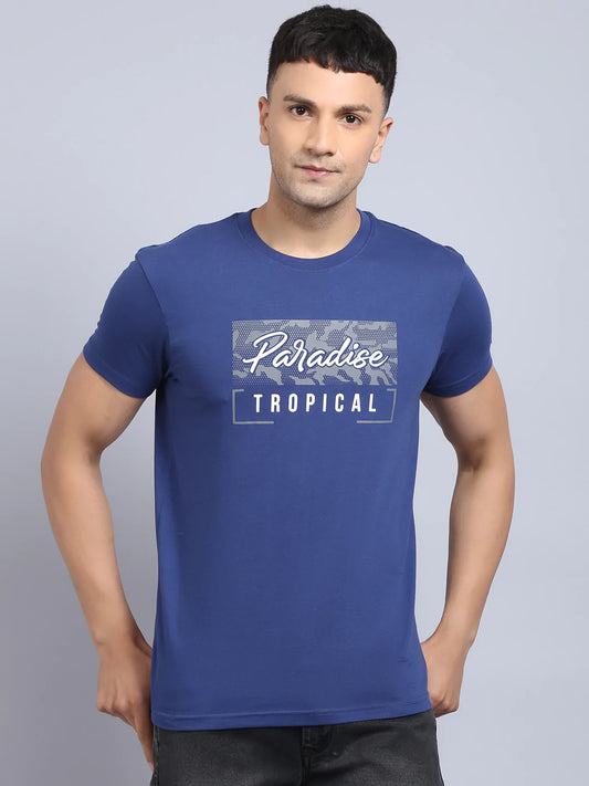 Men Blue  White Typography Printed Slim Fit Cotton T-shirt