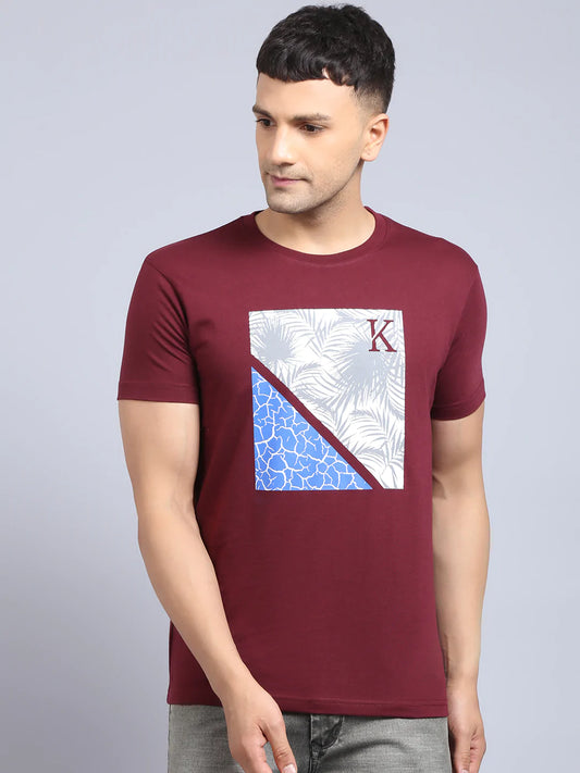 Men Maroon Printed Cotton Slim Fit T-shirt