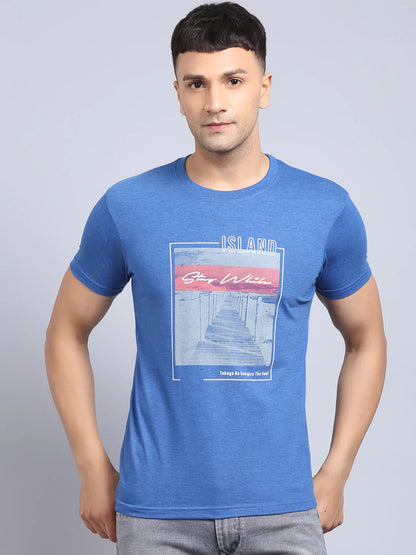 Men Blue  White Printed Slim Fit Cotton T-shirt