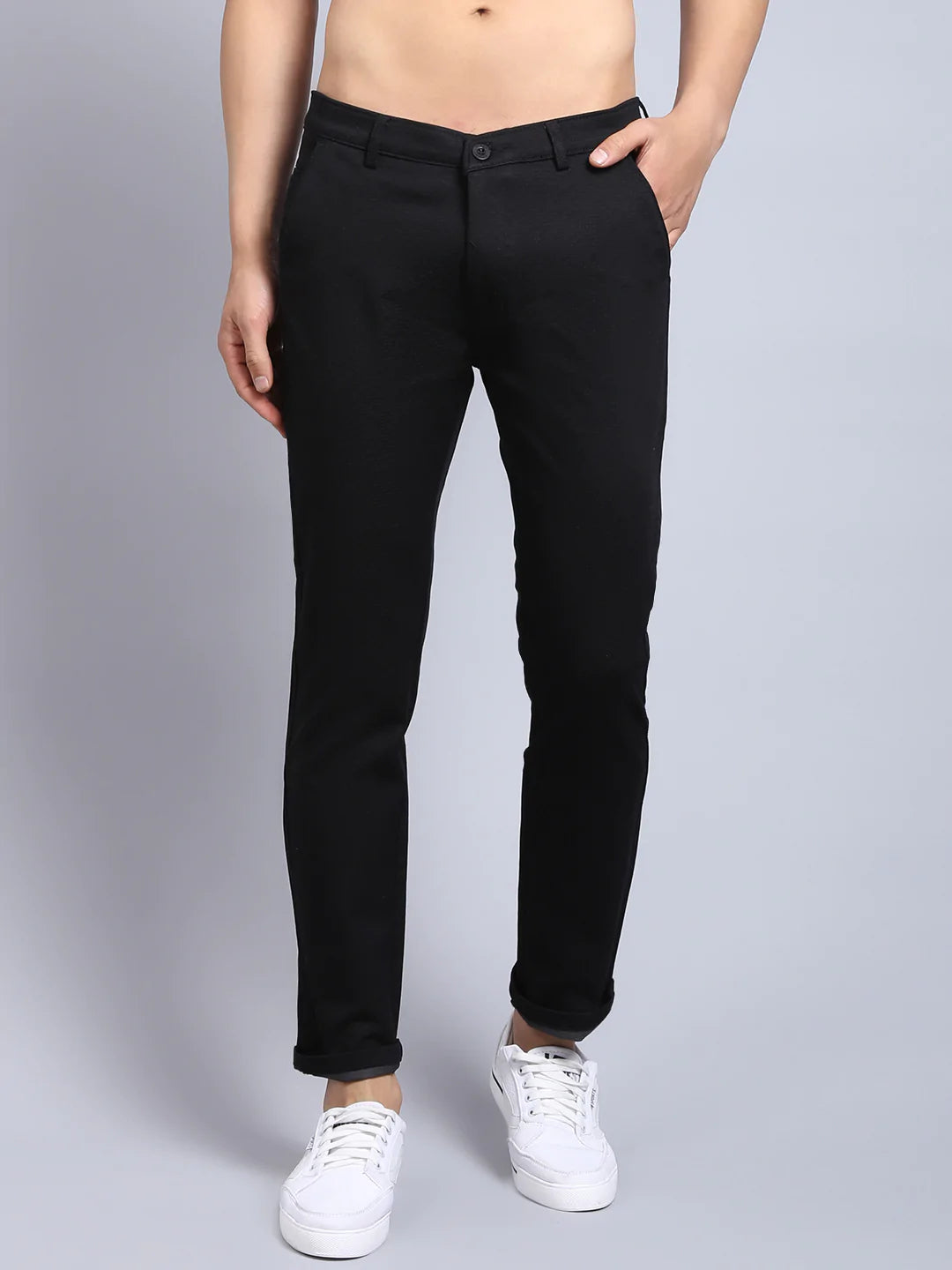 Men Black Textured Slim Fit Trousers