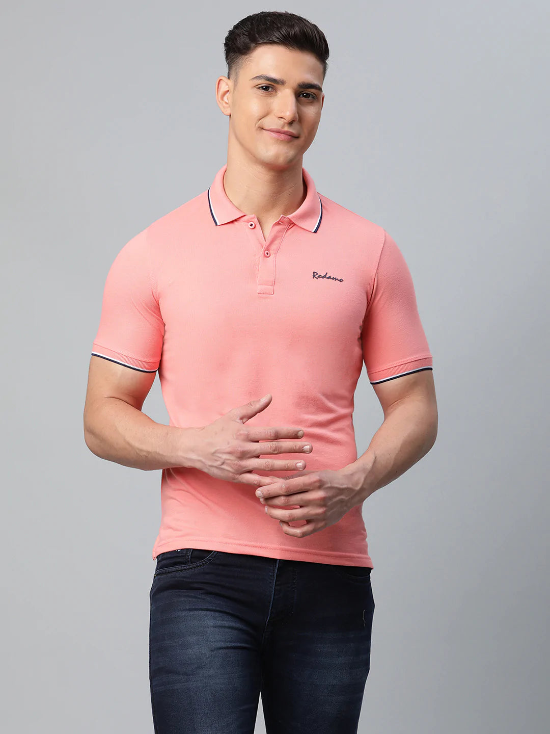 Men Pink Polo Collar Slim Fit T-shirt