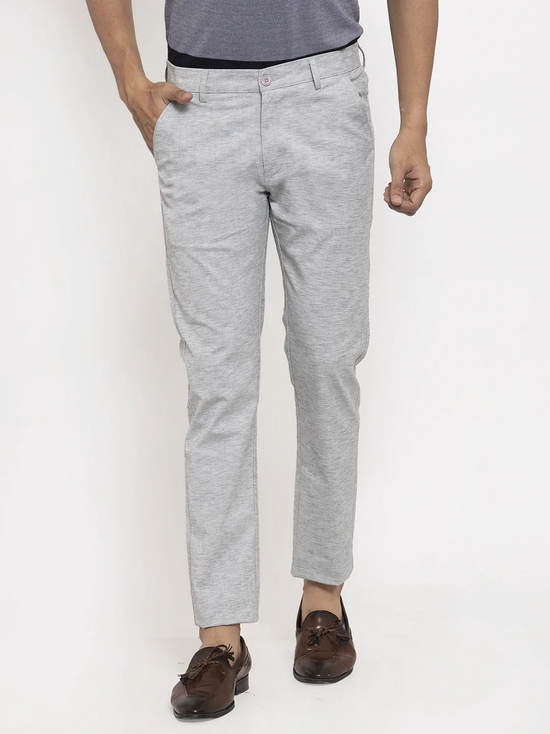 Men Grey Slim Fit Self Design Regular Trousers