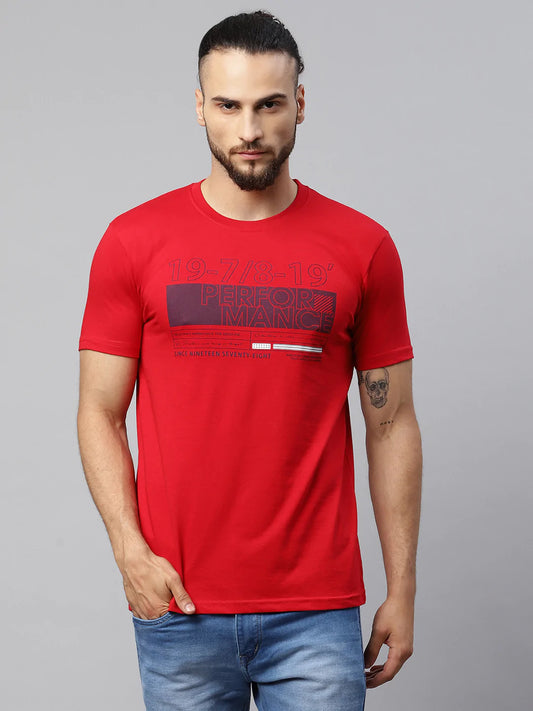 Men Red Typography Printed Slim Fit Cotton T-shirt