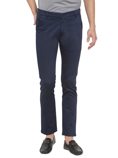 Men Navy Blue Slim Fit Solid Regular Trousers