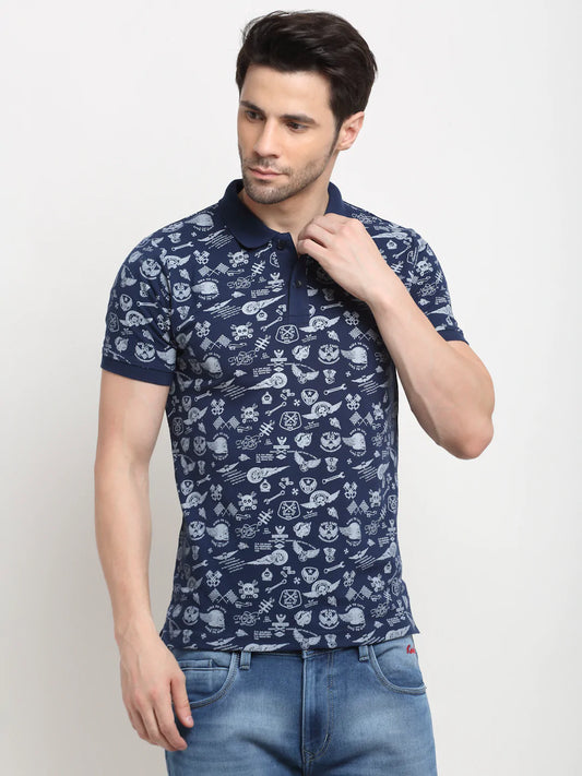 Men Navy Blue  White Printed Polo Collar Slim Fit T-shirt