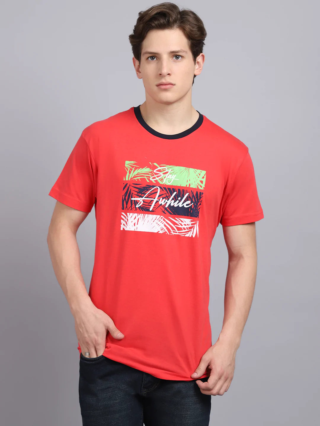 Men Red Typography Printed Slim Fit T-shirt