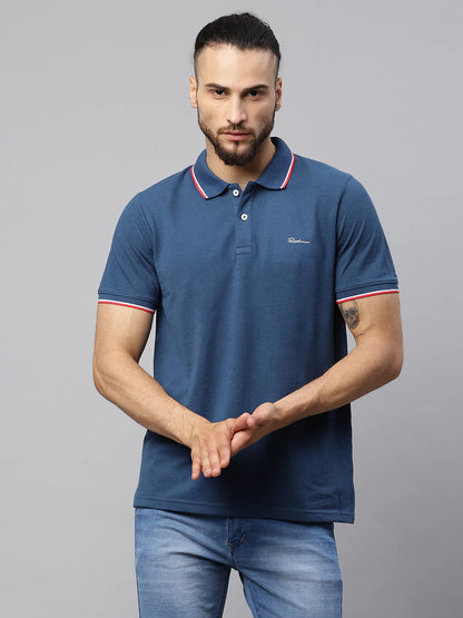 Men Blue Polo Collar Applique T-shirt