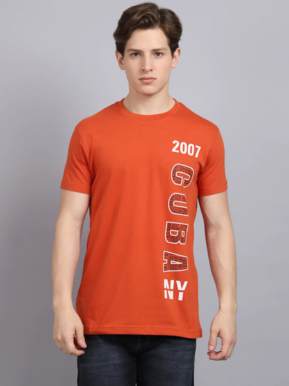 Men Peach-Coloured Typography Printed Slim Fit T-shirt