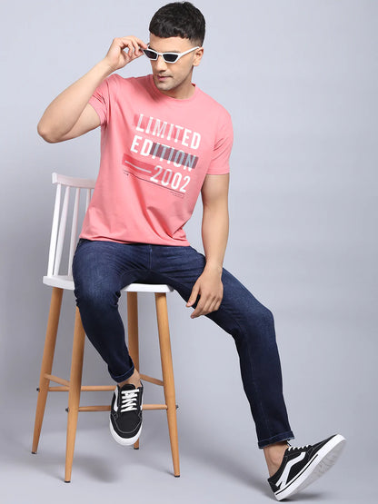 Men Pink  White Printed Slim Fit Cotton T-shirt