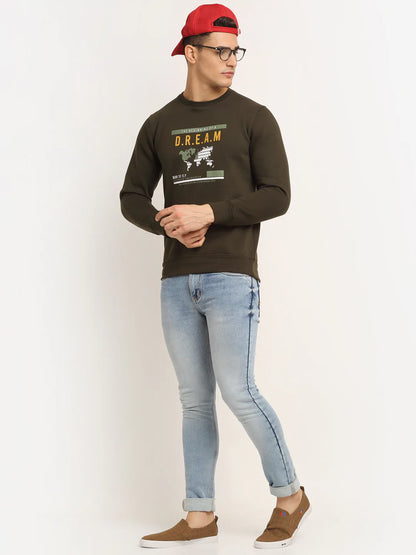 Men Olive Green Printed Fleece Sweatshirt