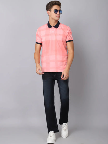 Men Pink  impatiens pink Checked Polo Collar Slim Fit T-shirt