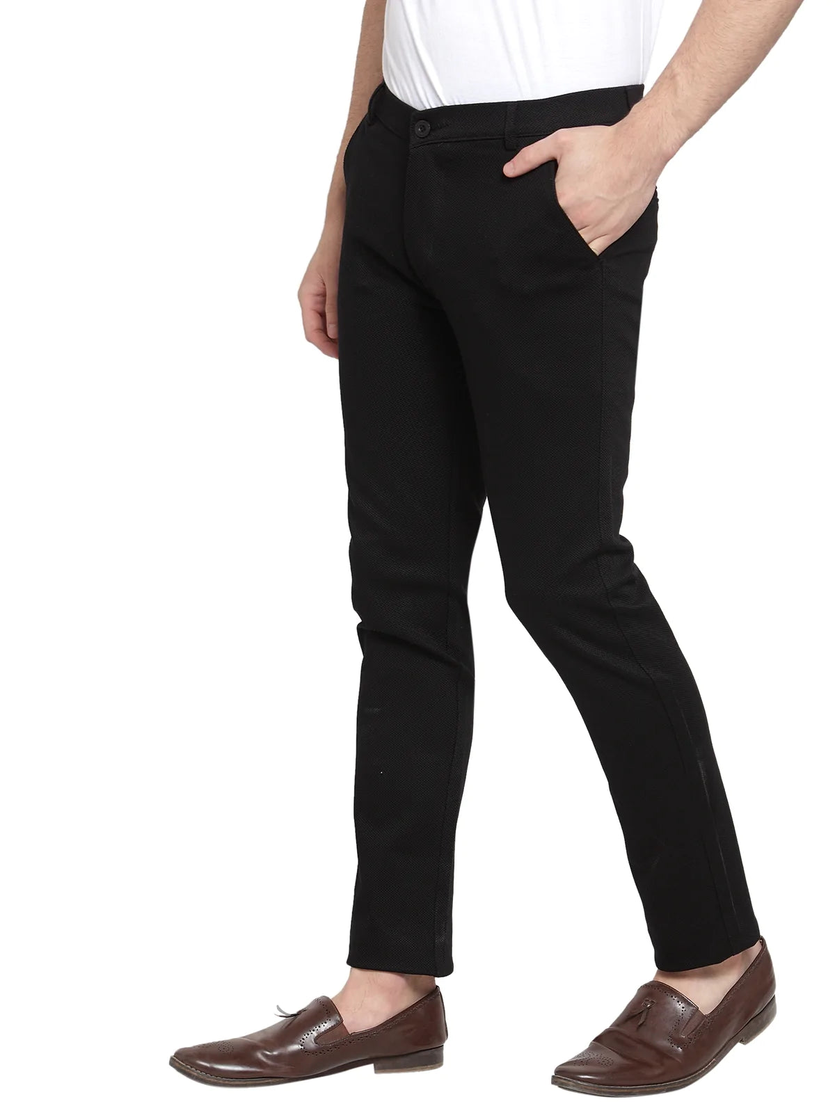 Men Black Slim Fit Solid Regular Trousers