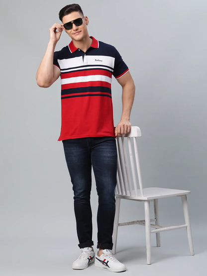 Men Red  Black Striped Polo Collar Slim Fit T-shirt