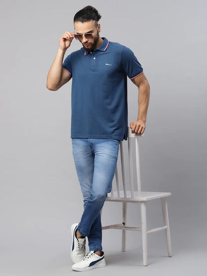 Men Blue Polo Collar Applique T-shirt