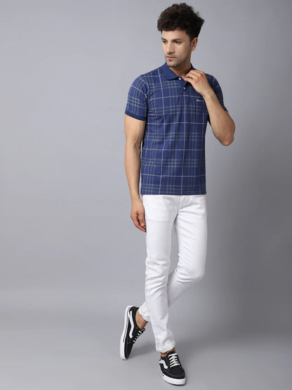 Men Blue Checked Polo Collar Slim Fit T-shirt