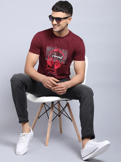 Men Maroon Printed Slim Fit T-shirt