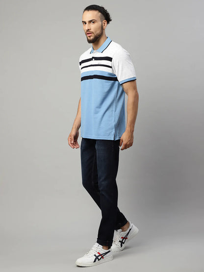 Men Multicoloured Striped Polo Collar T-shirt