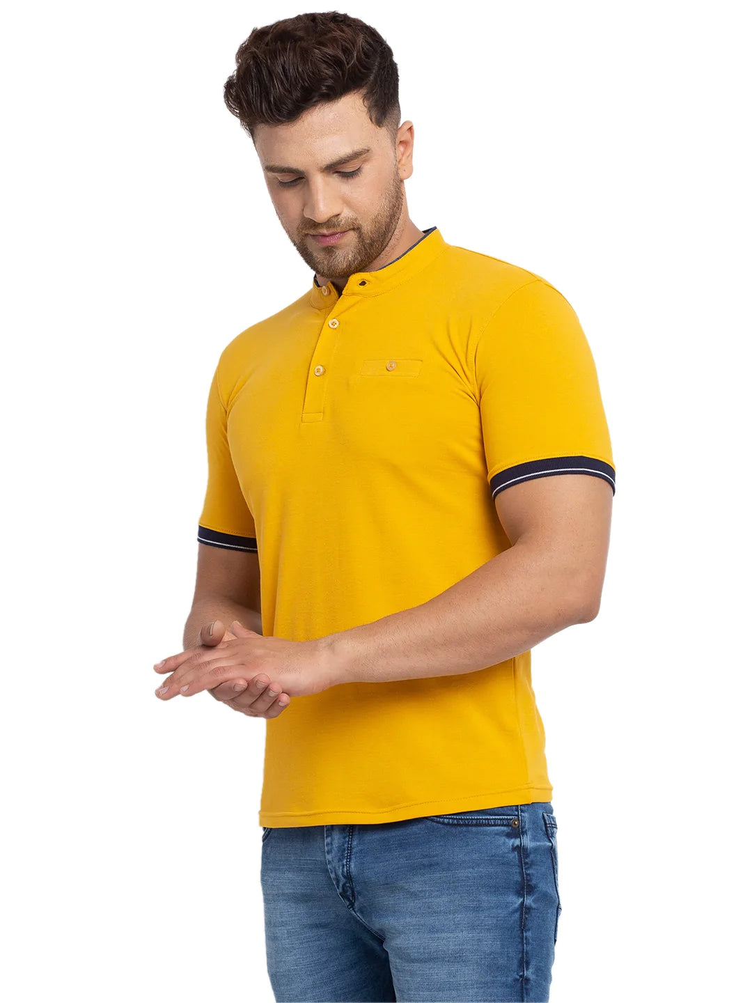 Men Mustard Yellow Solid Mandarin Collar T-shirt