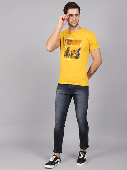 Men Yellow Printed Slim Fit Round Neck  T-shirt