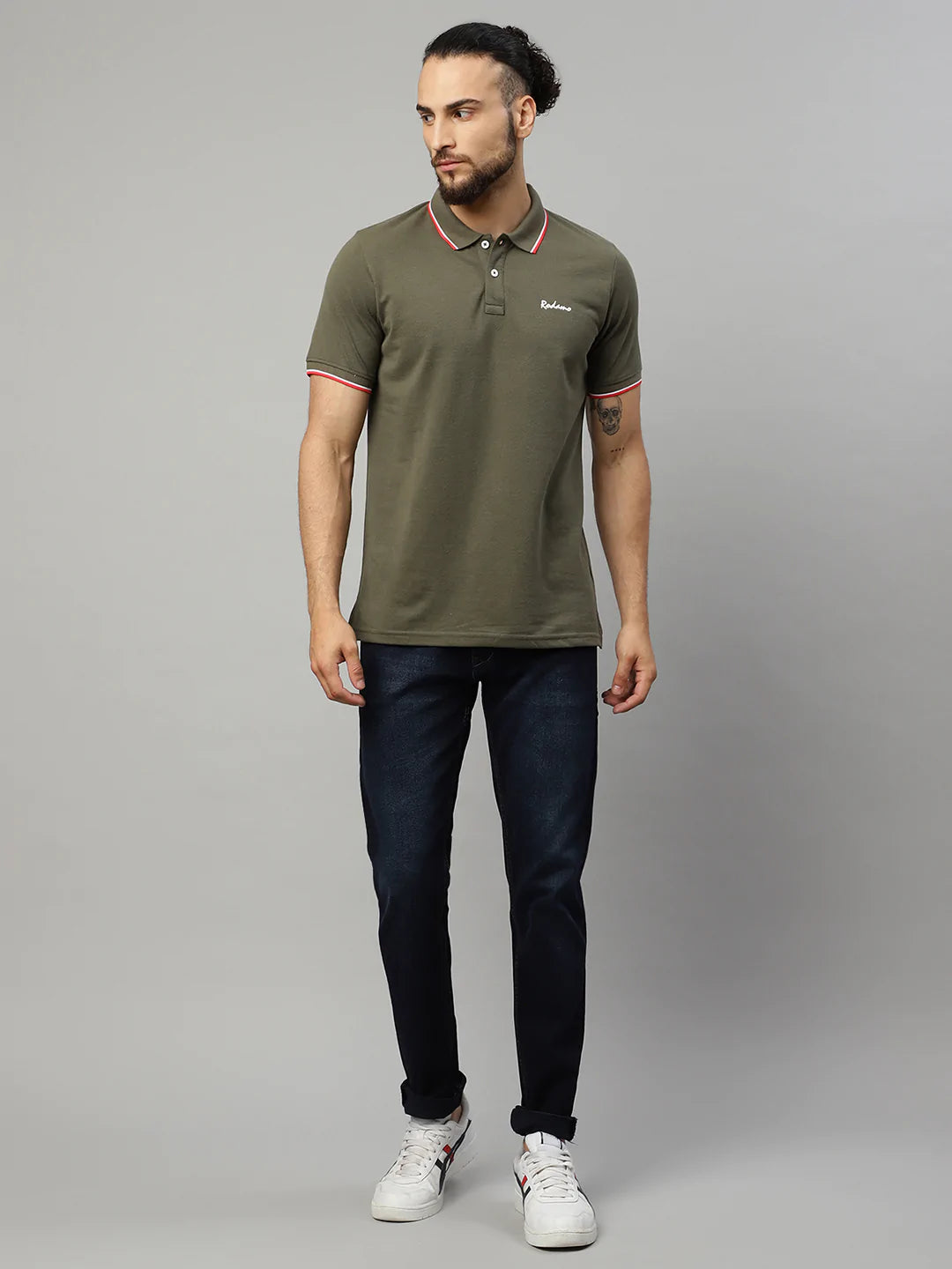 Men Olive Green Polo Collar T-shirt