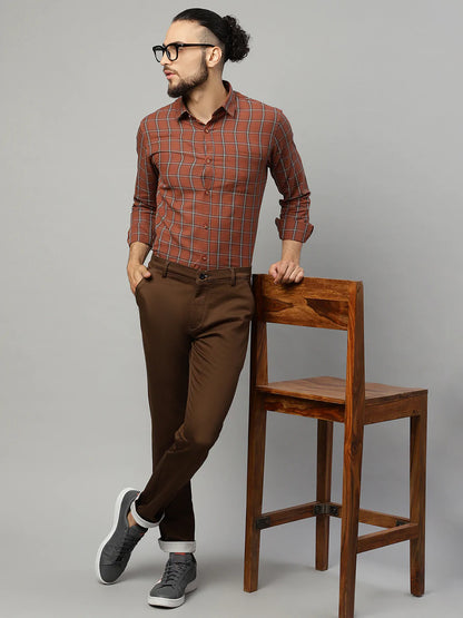 Men Brown Slim Fit Windowpane Checks Checked Casual Shirt