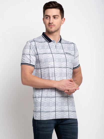 Men Grey Checked Polo Collar T-shirt