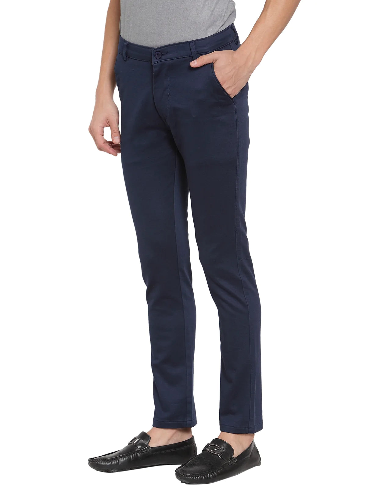 Men Navy Blue Slim Fit Solid Regular Trousers