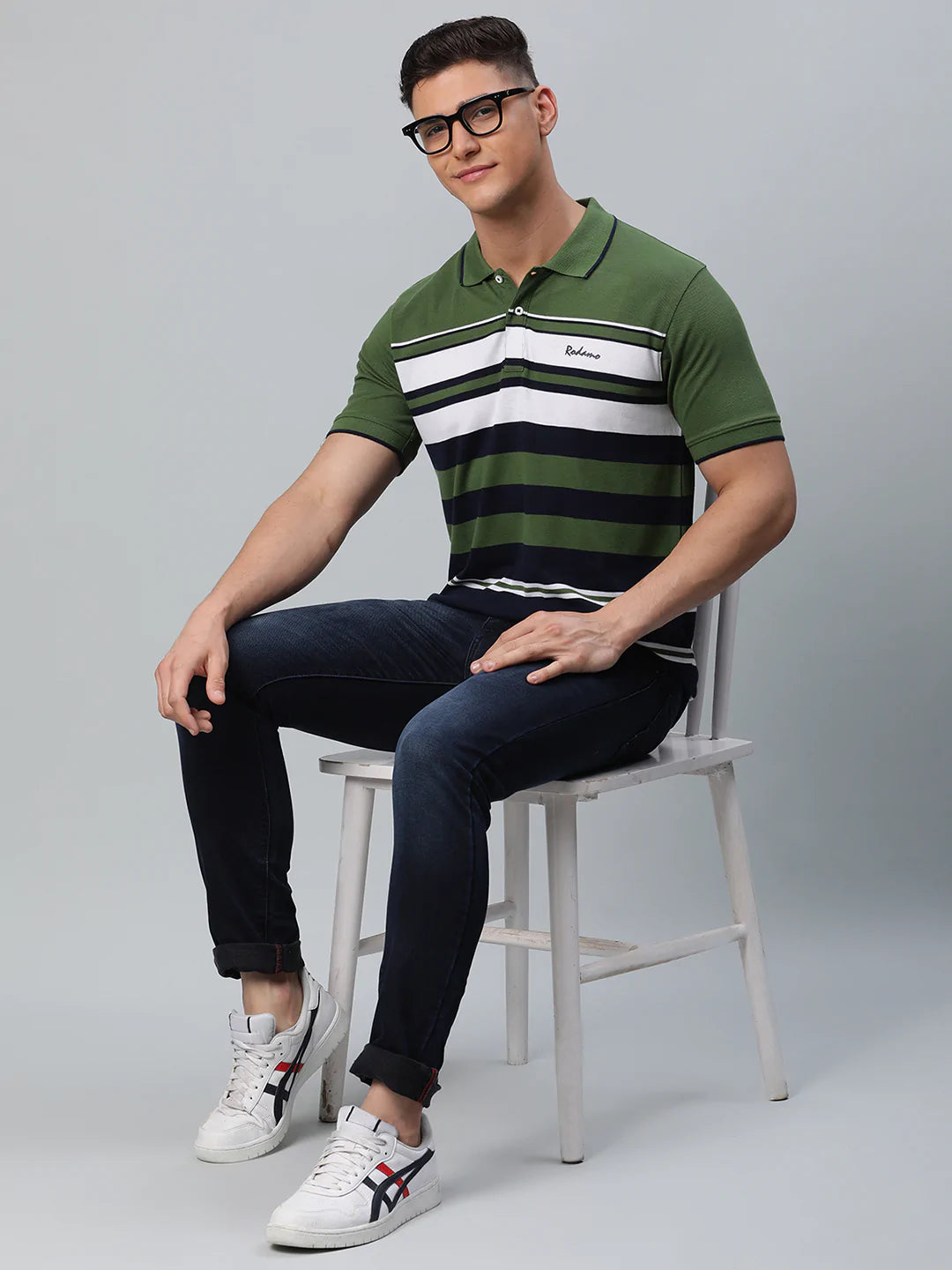 Men Olive Green  Black Striped Polo Collar Slim Fit T-shirt