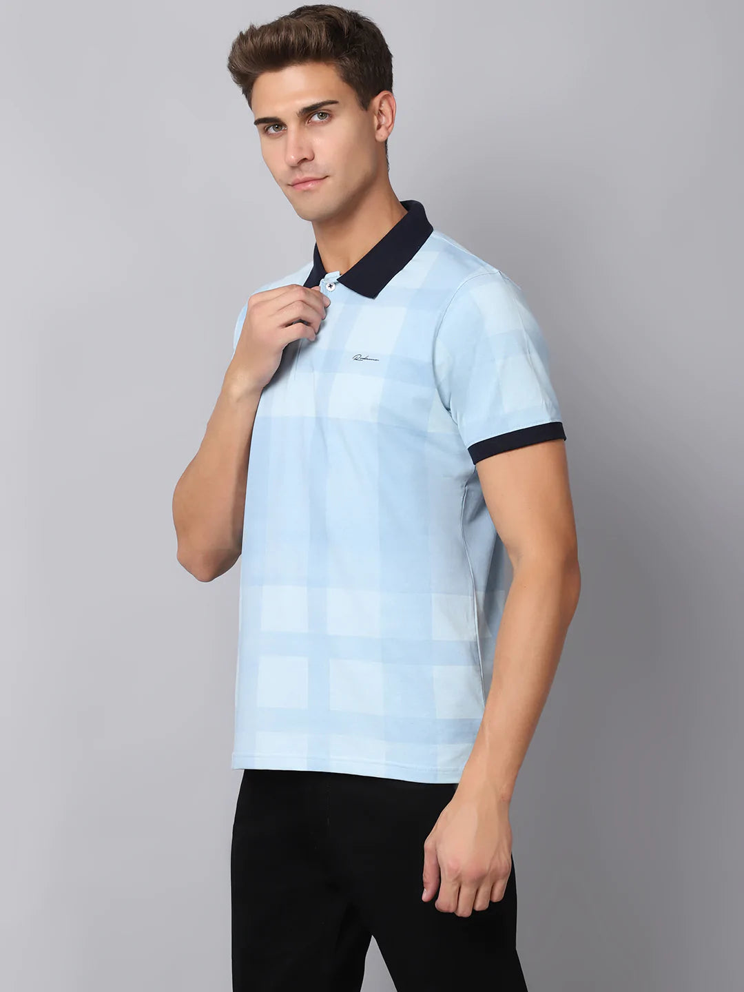 Men Blue  sand Checked Polo Collar Slim Fit T-shirt