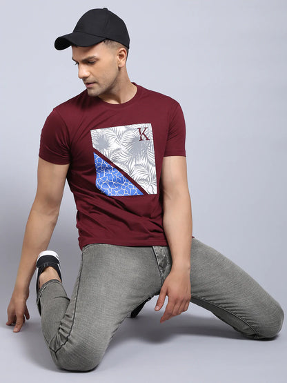 Men Maroon Printed Cotton Slim Fit T-shirt