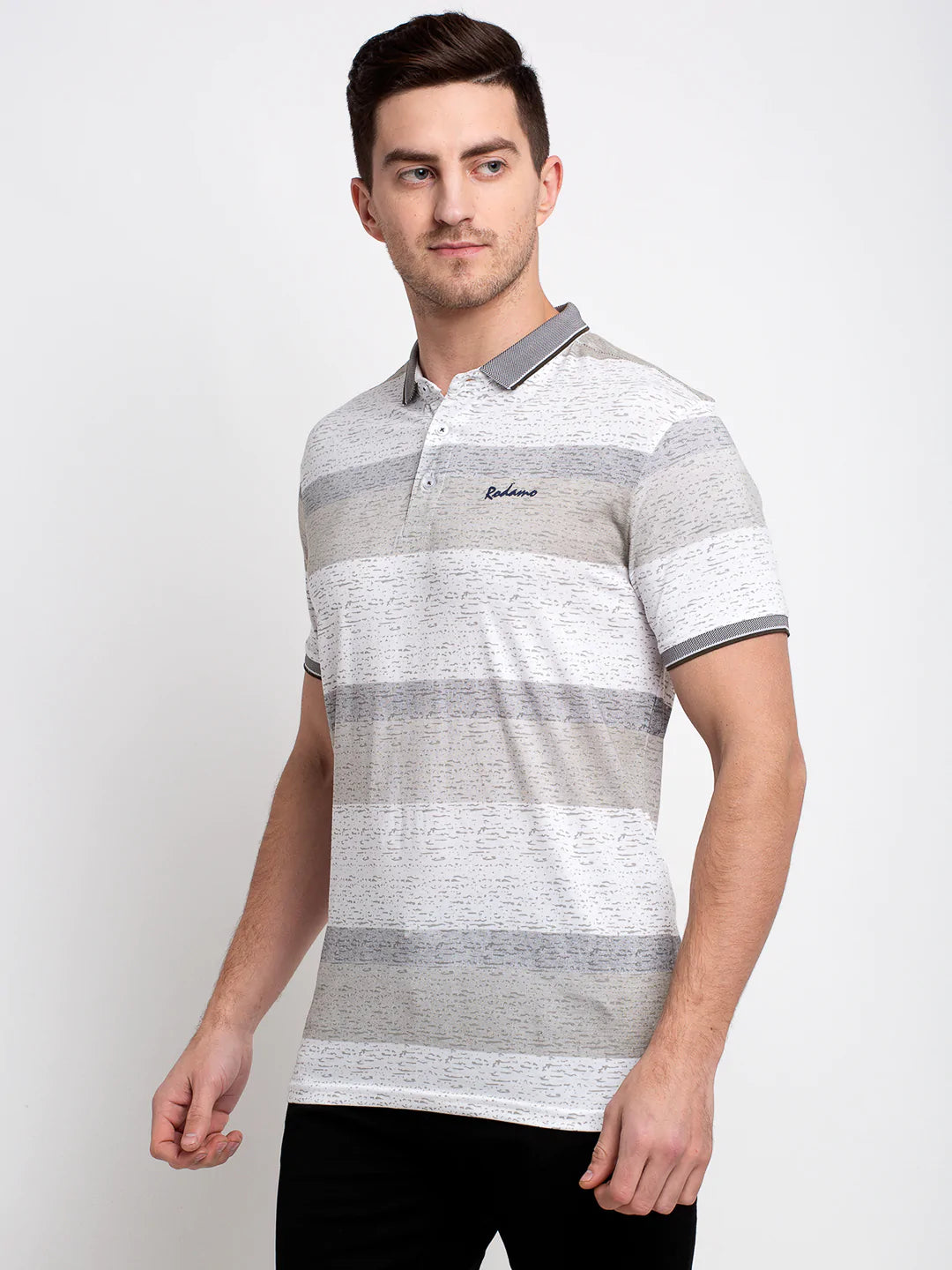 Men White Striped Polo Collar T-shirt