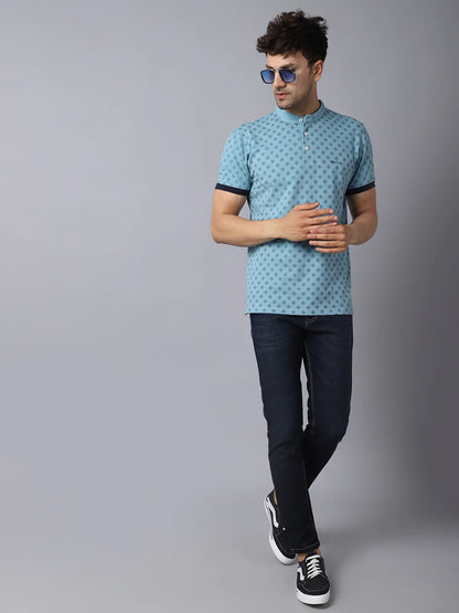 Men Blue Printed Mandarin Collar Slim Fit T-shirt