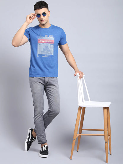 Men Blue  White Printed Slim Fit Cotton T-shirt