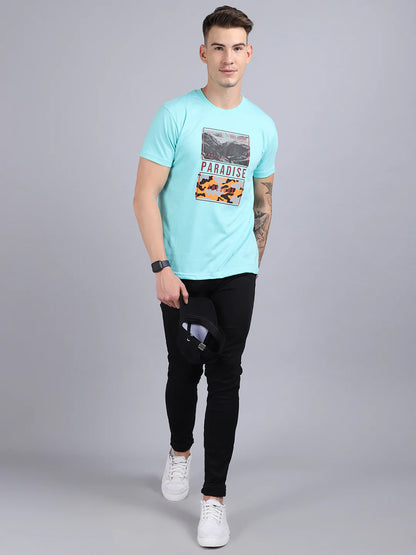 Men Green Typography Printed Slim Fit Cotton  T-shirt