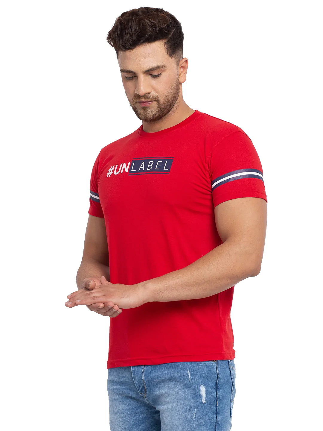 Men Red Printed Round Neck T-shirt