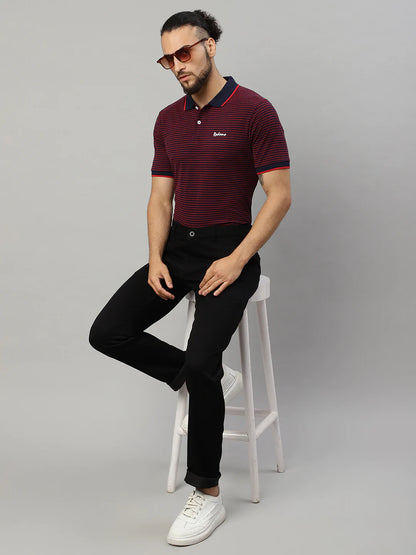 Men Multicoloured Striped Polo Collar T-shirt